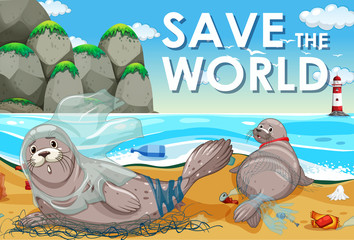 Poster design with two seals and plastic bags on beach