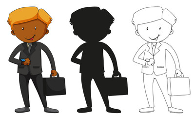 A set of characters in color, silhouette and outline