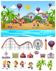 Scene background design with kids at the funfair by the beach