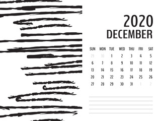 Desk Calendar 2020 template vector, december 2020 design, Planner vector diary in a memphis style, Week start on Sunday