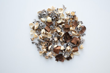 Flowers composition. Frame made of dried rose flowers on white background. Flat lay, top view, copy space