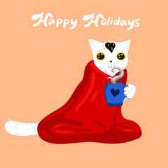 The cat in the plaid is drinking hot tea