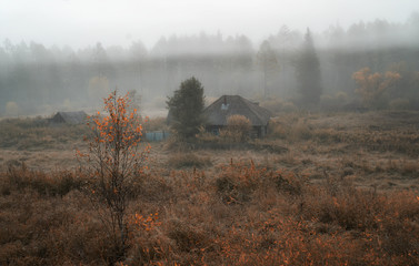 autumn landscape with house in fog
