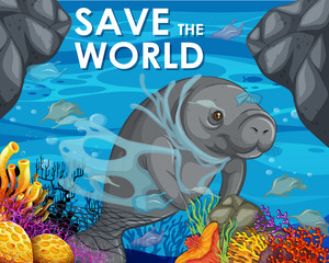Poster design with manatee and plastic bags in ocean