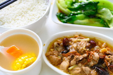 chicken and mushroom with cabbage and maize soup and rice