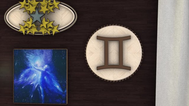Abstract stylized wall decorated with Zodiac sign Gemini, golden stars and blue image of two humans in the night sky, horoscope concept. Animation. Astrological Zodiac Gemini.