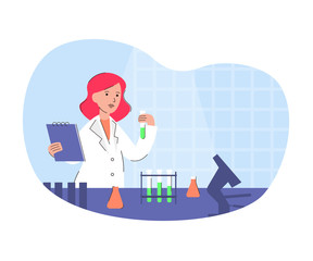 Modern flat vector concept digital illustration of laboratory analysis. Woman laboratory assistance with clipboard and test tube. 