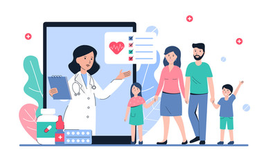Online consultation with doctor. Modern healthcare technologies. Mobile app family medicine. Control care health service. Flat vector modern banner, template, poster illustration.