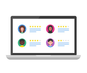 Laptop with customers review messages and rating stars. Flat vector cartoon avatars people clients testimonials, feedback. Isolated image.