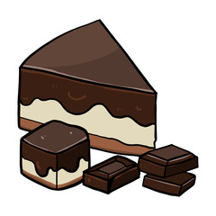 Hand drawn piece chocolate and vanilla cakes with chocolate bar on white background. Vector illustration 