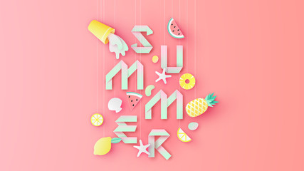 Paper art of mixed fruit juice and tropical fruit hanging from top decorated with paper calligraphy SUMMER. Graphic design for Summer. paper cut and craft style. vector, illustration.