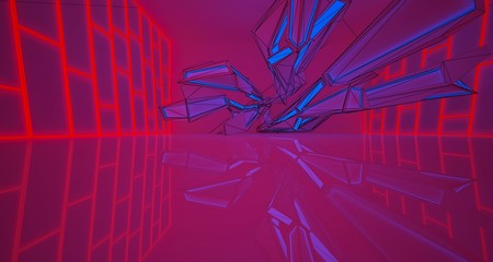 Abstract architectural drawing white interior of a minimalist house with color gradient neon lighting. 3D illustration and rendering.