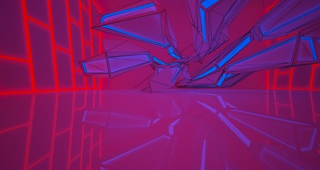 Abstract architectural drawing white interior of a minimalist house with color gradient neon lighting. 3D illustration and rendering.