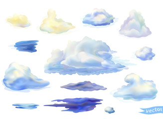 Set of vector isolated clouds in watercolor style. Thunderclouds illustration