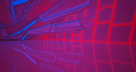 Abstract architectural drawing white interior of a minimalist house with color gradient neon lighting. 3D illustration and rendering.
