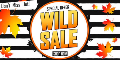 Wild Sale, horizontal poster design template, special offer, Autumn discount web banner, Fall deal, vector illustration