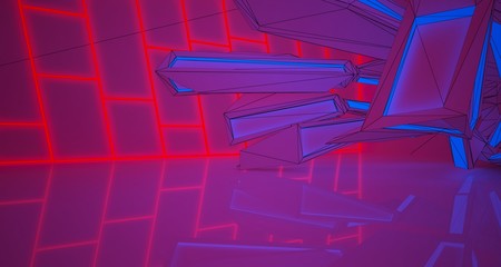 Abstract architectural drawing white interior of a minimalist house with color gradient neon lighting. 3D illustration and rendering.