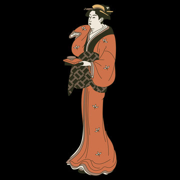 Isolated Vector Illustration. Standing Japanese Girl In Kimono Holding A Cup Of Tea Or Sake. On Black Background. 