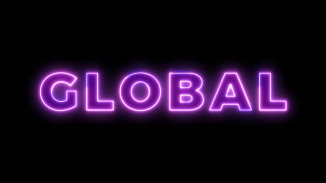 Neon light animation concept tex global. Flat animation of UI element available in 4K FullHD and HD video 2D render footage on black background.	