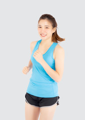 Beautiful young asian woman happy and smiling jogging isolated on white background, asia girl cheerful in sport is activity exercise cardio and workout with running for healthy, health concept.