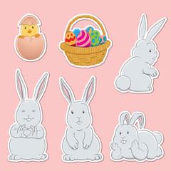 Fototapeta premium Stickers of Easter Bunnies Eggs Basket and a Chick Illustration