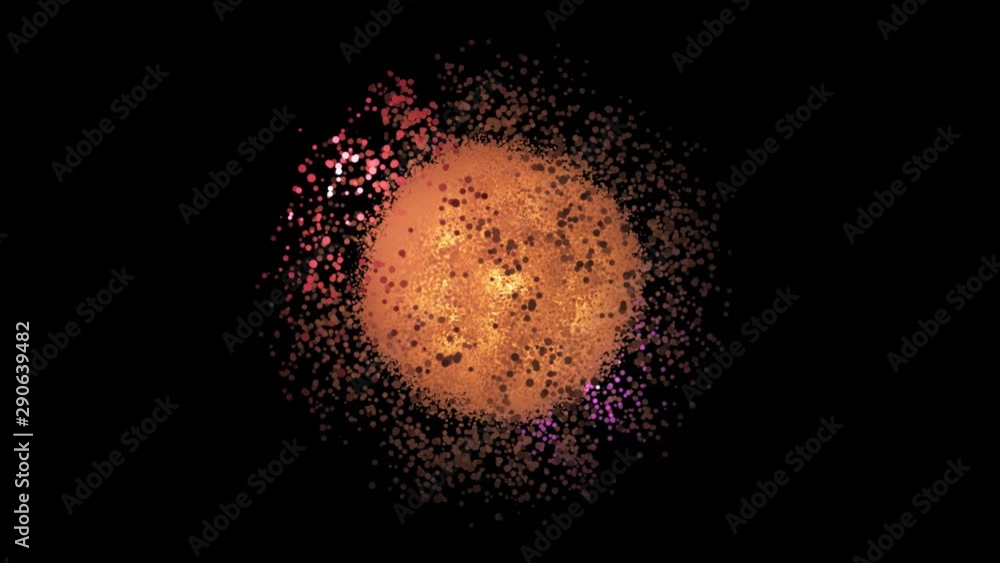 Poster abstract glowing sphere of small shining particles surrounded by randomly moving circles on black ba