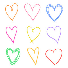 Abstract multicolored hearts on isolated white background. Hand drawn love symbols. Line art. Colored illustration. Outline
