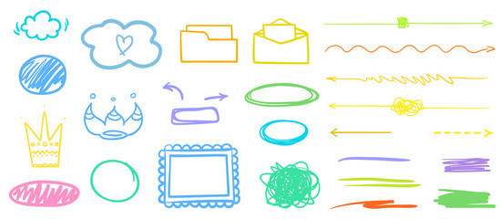 Multicolored infographic elements on isolated white background. Hand drawn different signs. Colorful illustration. Objects for artwork