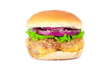 american  cheeseburger with a large cutlet ,cheese, onions and lettuce on a white background isolated