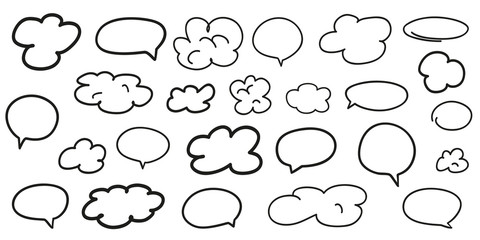 Hand drawn infographic elements on isolation background. Abstract clouds. Set of think and talk speech bubbles. Doodles on white. Black and white illustration
