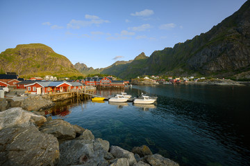 Fototapeta na wymiar Viewpoint of Village A in the early morning of summer Is a popular tourist destination in the Norwegian Lofoten Islands.