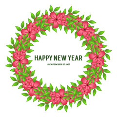 Various crowd of green leaves frame and pink flower, for card happy new year. Vector