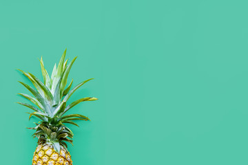 Pineapple at the green solid drop with place for text. Trendy modern colorful background. Horizontal