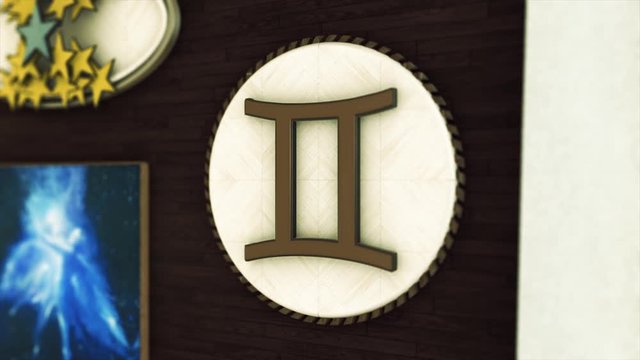 Abstract stylized wall decorated with Zodiac sign Gemini, golden stars and blue image of two humans in the night sky, horoscope concept. Animation. Astrological Zodiac Gemini.