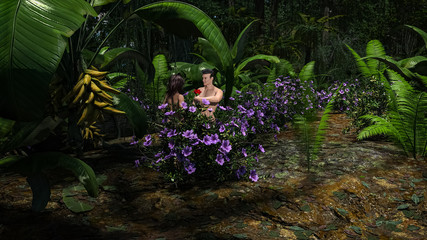 Adam and Eve in the Garden of Eden. Beautiful nature scene. 3D Art, 3D Illustration, 3D Rendering. - obrazy, fototapety, plakaty