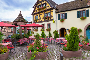 Cafe in ancient wine town of Kientzheim. Alsace Wine Route. France.