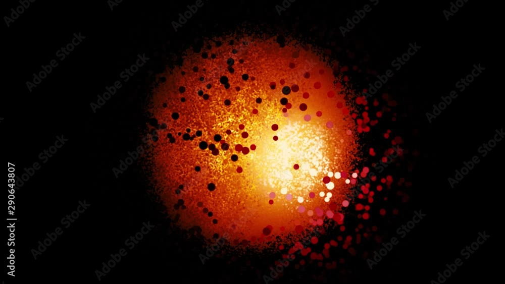 Poster abstract glowing sphere of small shining particles surrounded by randomly moving circles on black ba