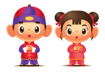 Cartoon cute chinese girl and boy character set. Chinese kids wishing happy chinese new year - vector mascot