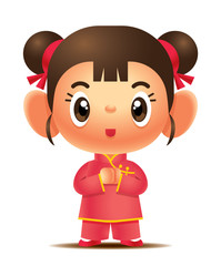Cartoon cute girl wearing traditional chinese cheongsam wishes happy chinese new year - vector mascot character
