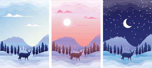 Winter Landscape with deer silhouette at sunrise, sunset and night. Winter Season banners set template vector illustration.