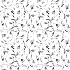 Seamless pattern with wild bell flowers, braided in Celtic ornament.