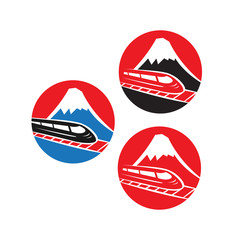 Japanese red logo with Fuji mountain and speed train isolated on white background