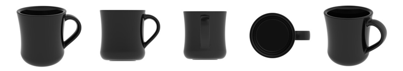 Blank black ceramic mug cup 5 view on white background