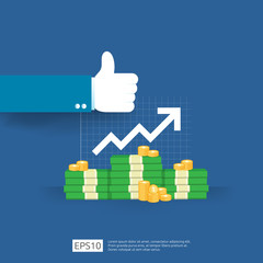 business profit growth revenue with thumb up gesture. income salary rate increase. Finance performance of return on investment ROI concept with arrow. dollar symbol flat style vector illustration