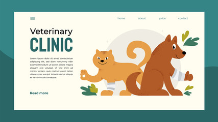 Design for vet clinic, pet care, medicine, veterinary hospital. Vector illustration with happy healthy dog and cat for banner, brochure, flyer, landing page, layout, presentation, poster, post, advert