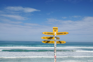 New Zealand - November 28 2018: yellow sign post for direction at Tasman Sea in sunny day