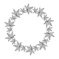 Black and white maple leaves frame. Autumnal antistress coloring page.