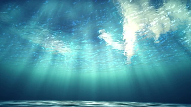 3D animation underwater of ocean waving, Beautiful sun shines through underwater