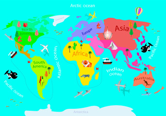 Children's illustrated geographic map of the world. Vector illustration.