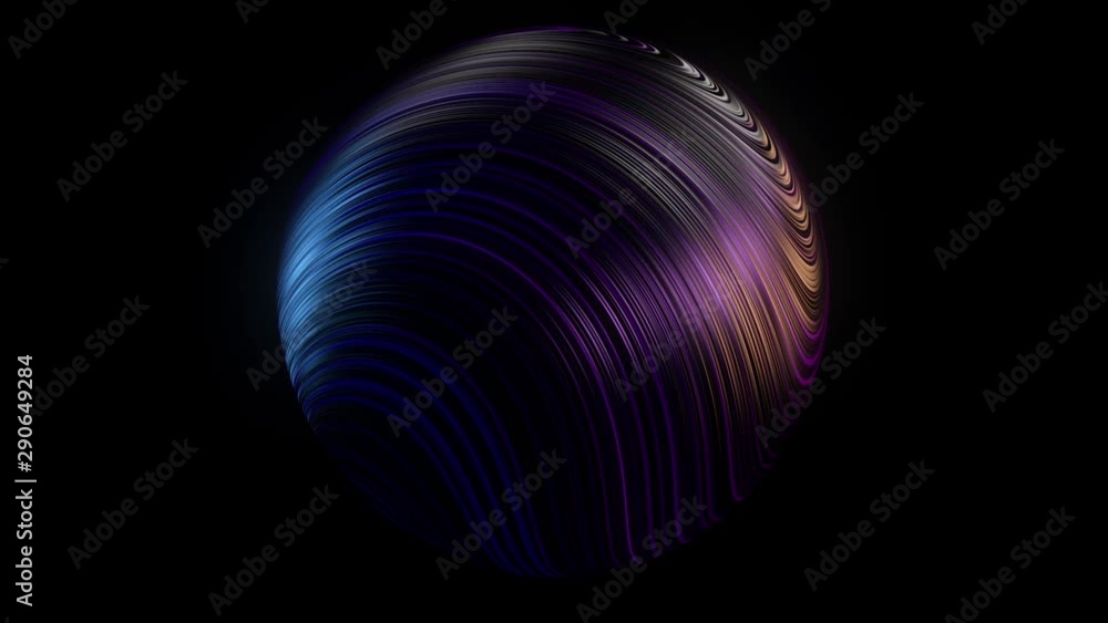 Poster abstract 3d ball covered with many narrow curved lines rotating isolated on black background, seamle